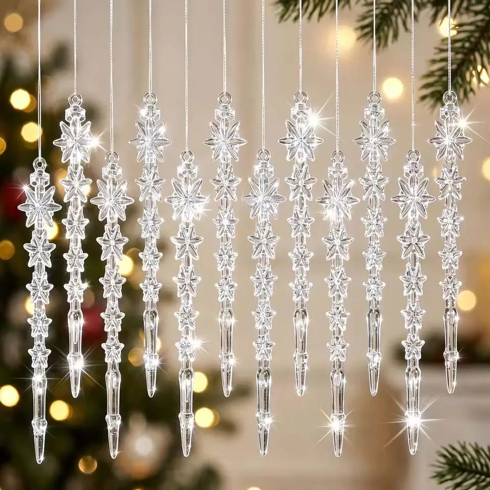 12-60PCS Crystal Clear Snowflake Pendants Acrylic Christmas Tree Ornament Christmas Holiday Home Party Hanging Decorations