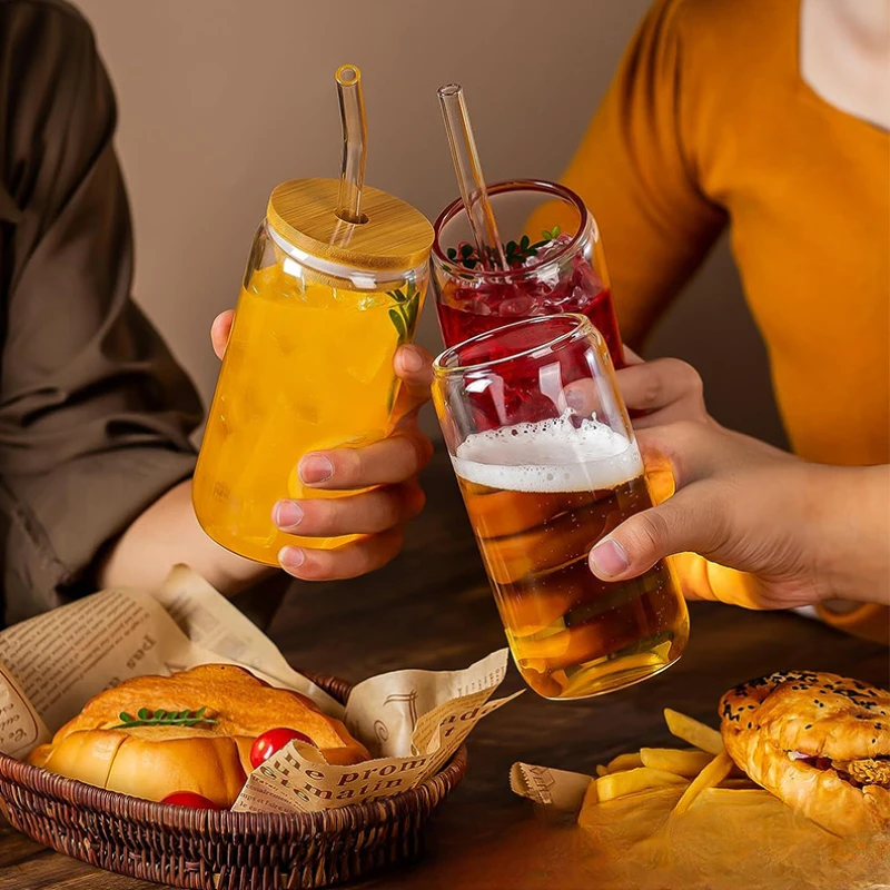 Glass Cups with Lids and Straws 16 Oz Glass Can Iced Coffee Cup with Bamboo Lids Drinking Glasses Tumbler Drinking Glassware