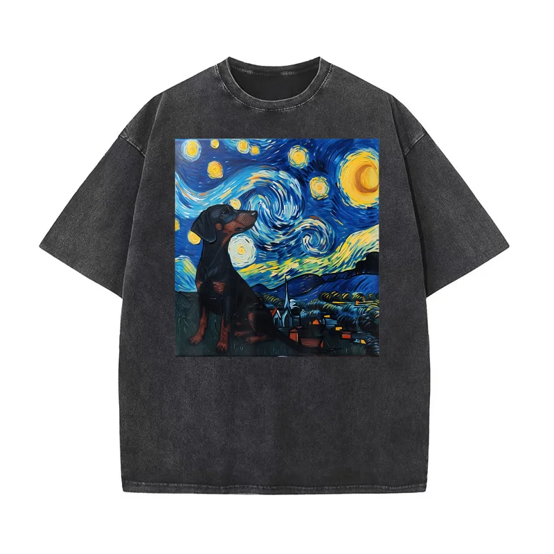 

Dachshund Dog Van Gogh Starry Night Cotton Luxury Brand Men's T-shirts O-neck Tshirt Oversized Art Graphic Clothing Printed