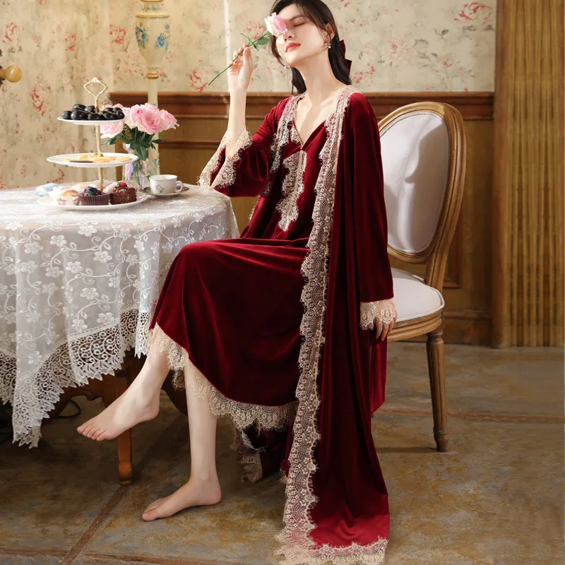 

Elegant French Court Style Velvet Long Robe Nightdress Set Female Sleepwear Sexy Lace Wedding Dressing Gown Velour Bathrobe