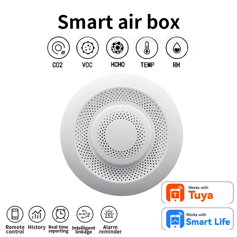 Inteligentny czujnik CO2, formaldehydu, zanieczyszczeń organicznych (VOC), temperatury i wilgotności powietrza Smart Zigbee WIFI Airbox, współpracujący z aplikacją Tuya, do inteligentnego domu.