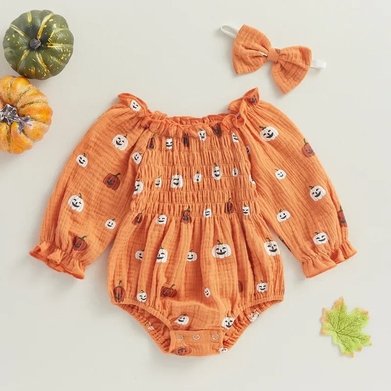 Halloween Infant Baby Girl Cartoon Pumpkin Bodysuit Autumn Clothes Ruched Off Shoulder Long Sleeve Jumpsuit with Bow Headband