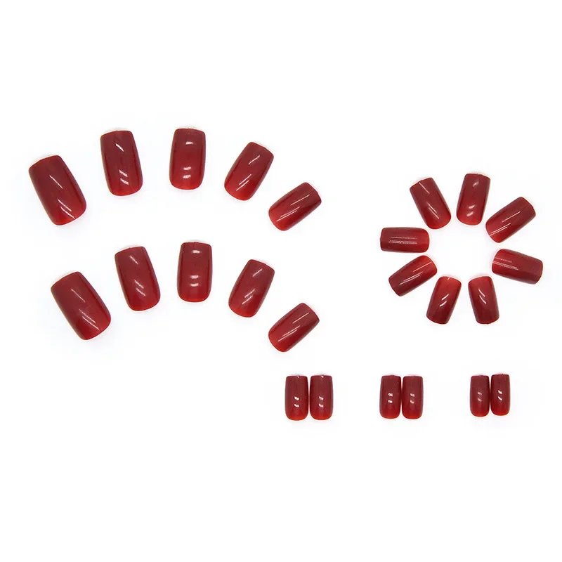 Uñas postizas cortas para niñas, Uñas postizas de Color sólido, cuadradas, medianas, Burdeos, brillantes, baratas, 24 piezas