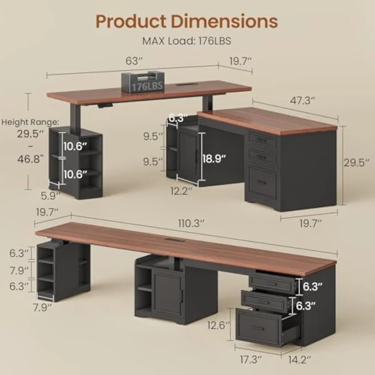 L Shaped Adjustable Electric Desk with LED Control, 67 Inch Corner Configuration or 110.3 Inch Linear Setup, Wood Top and Steel