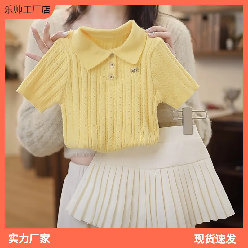 

Children's Girls' Summer Outfit New Princess Style Girls' Summer Knit Short Sleeve Pleated Skirt Two-Piece Set Durable