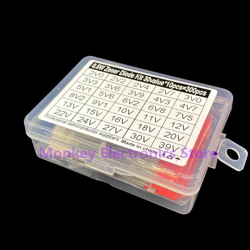 300pcs 0.5w 1/2W Voltage Regulator Diode Inline Zener Voltage Regulator Sample Box 2v0-39v 30value*10pcs