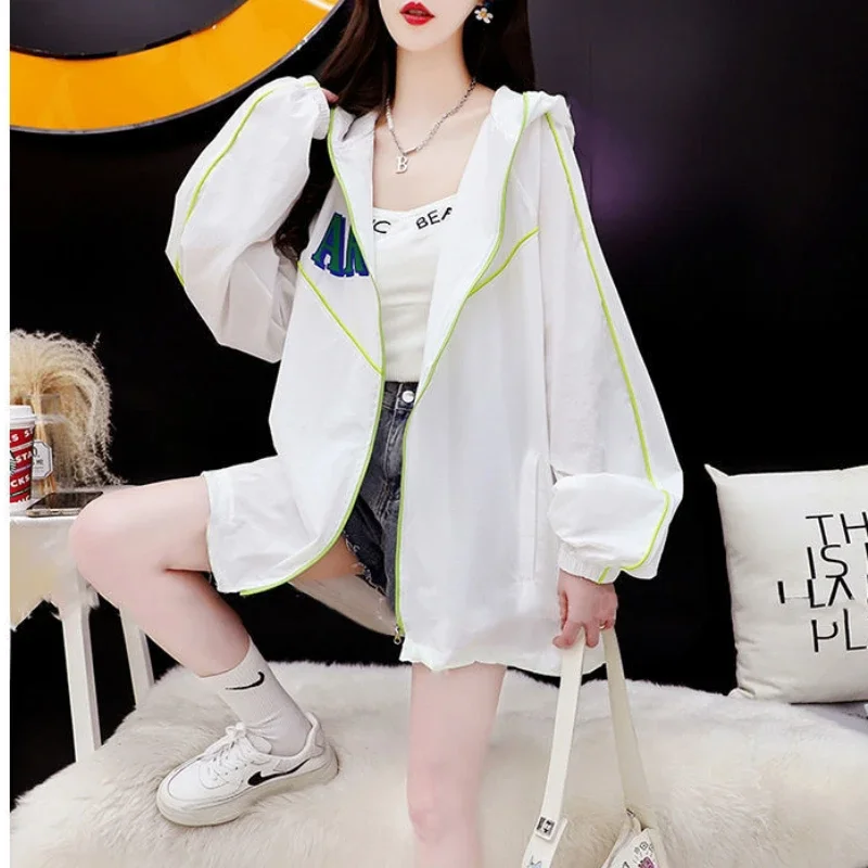 New Summer Long Sleeve Hooded White Jacket Women Trench Coat Sweatshirt Korean Fashion Thin Tops Y2k Streetwear Outdoor Beach