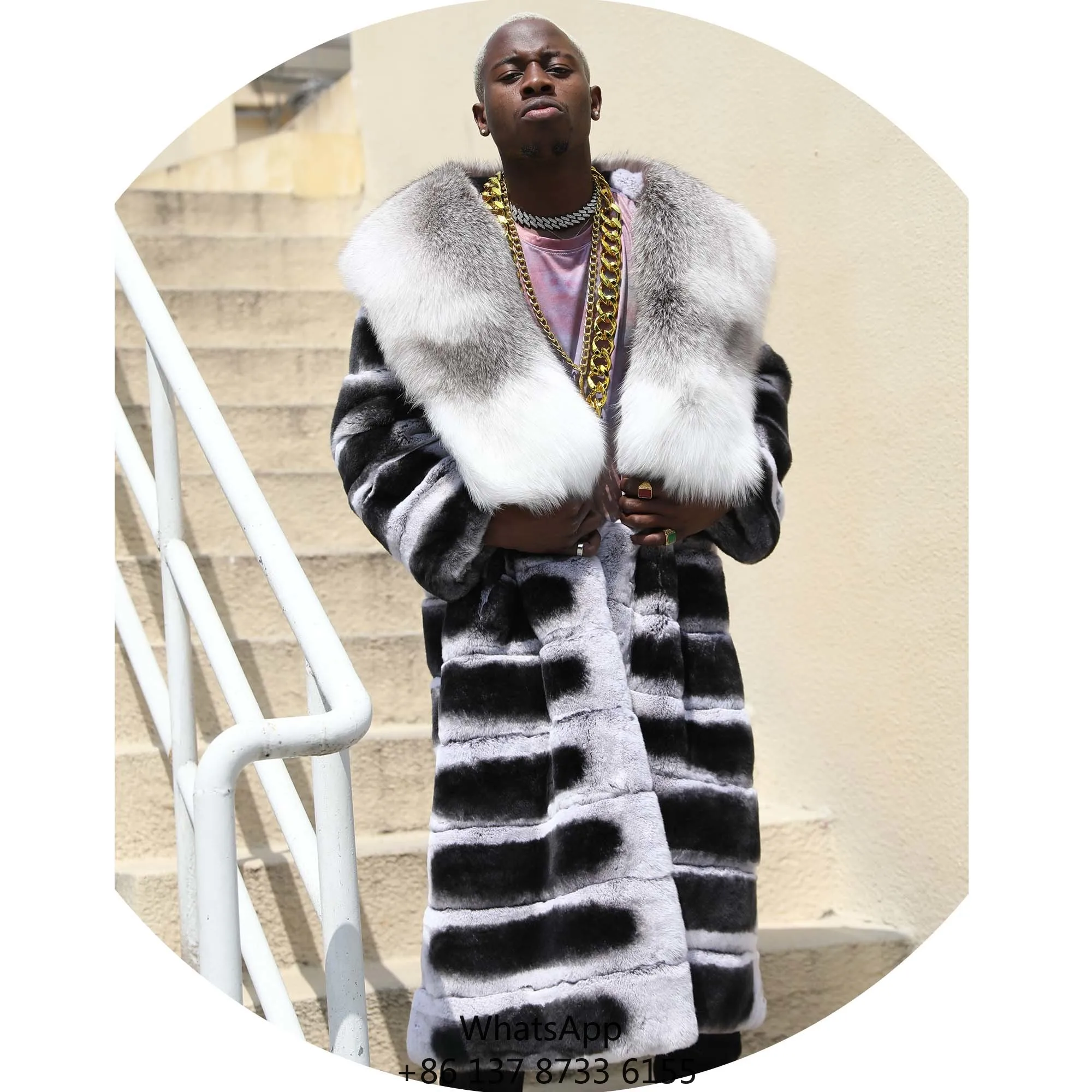 

Big Fur Collar Wholesale Price Men Long Length Dye Rex Rabbit Chinichilla Fur Coat