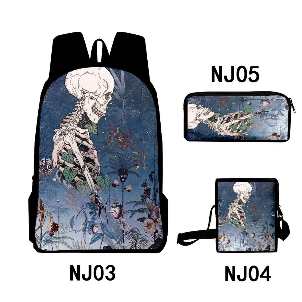 Conjunto de 3 3d impresso crânio, esqueleto, flor, mochila para alunos do ensino primário e médio, mochila, saco crossbody, estojo de lápis