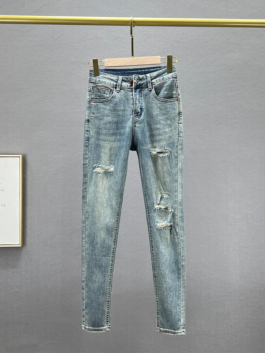 

Retro Hole Denim Skinny Pants Women's Trendy 2024 New Spring Elastic High Waist Slimming Long Pencil Pants Blue Jeans