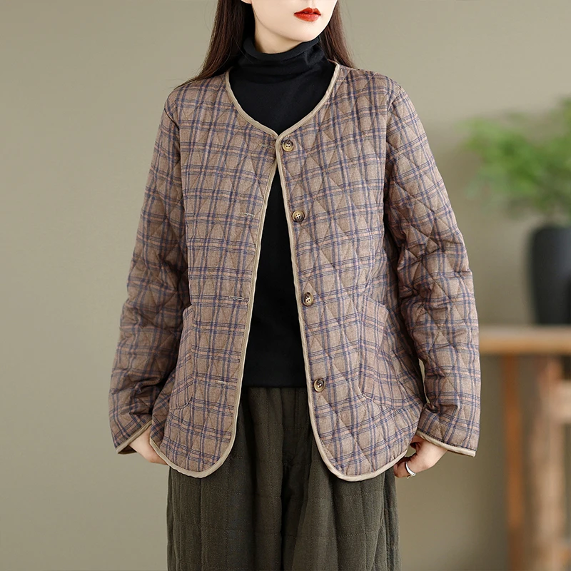 

Women's Autumn Winter New Style Retro Artistic National Trend Plaid Loose Casual Slimming Baseball Jacket Cotton Short Coat