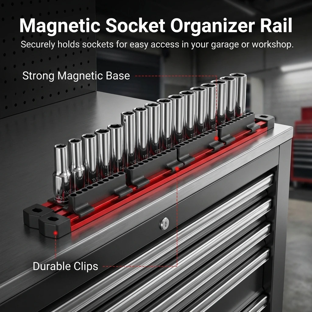 Magnetic Socket Organizer Rack With Strong Magnetic Base And Adjustable Slider For Garage Workshop