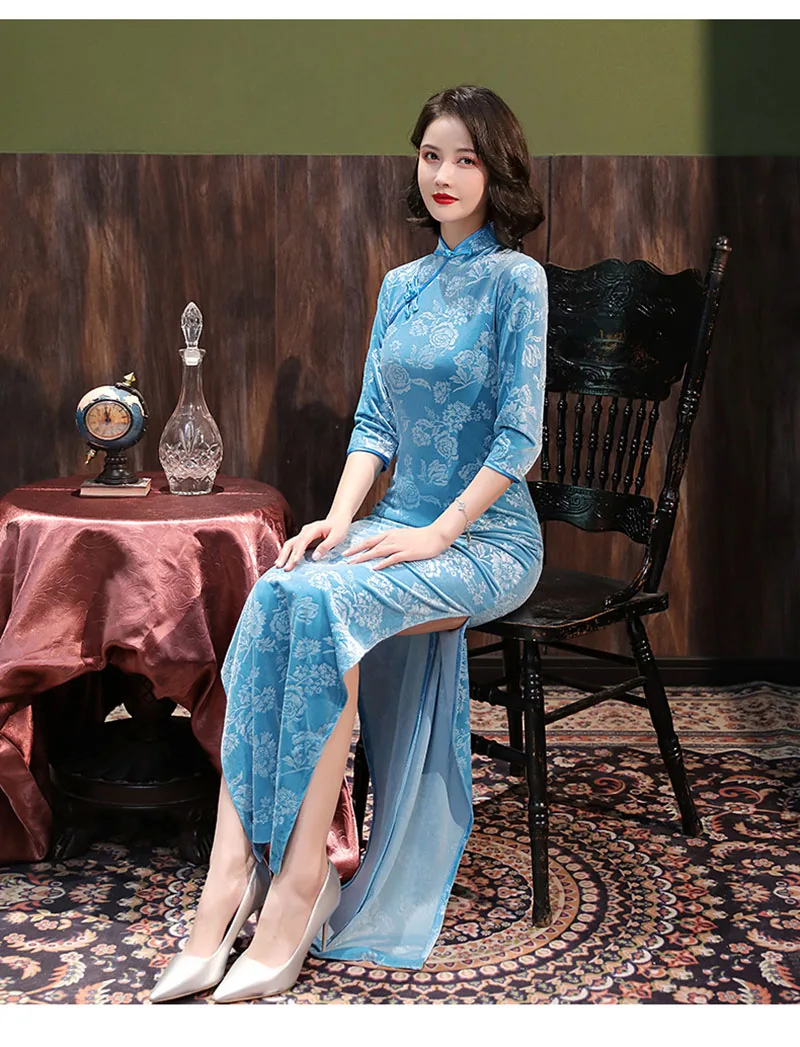 Lake Blue Velvet Long Cheongsam Floral Long Sleeve Vintage Improved Women Dress Chinese Style Qipao S To 5XL