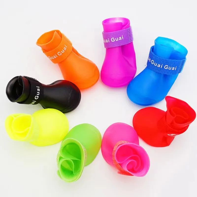 4pcs/Set Dogs Shoes Candy Colors Rubber Waterproof Soft Pet Rain Boots For Puppy Cats S/M/L