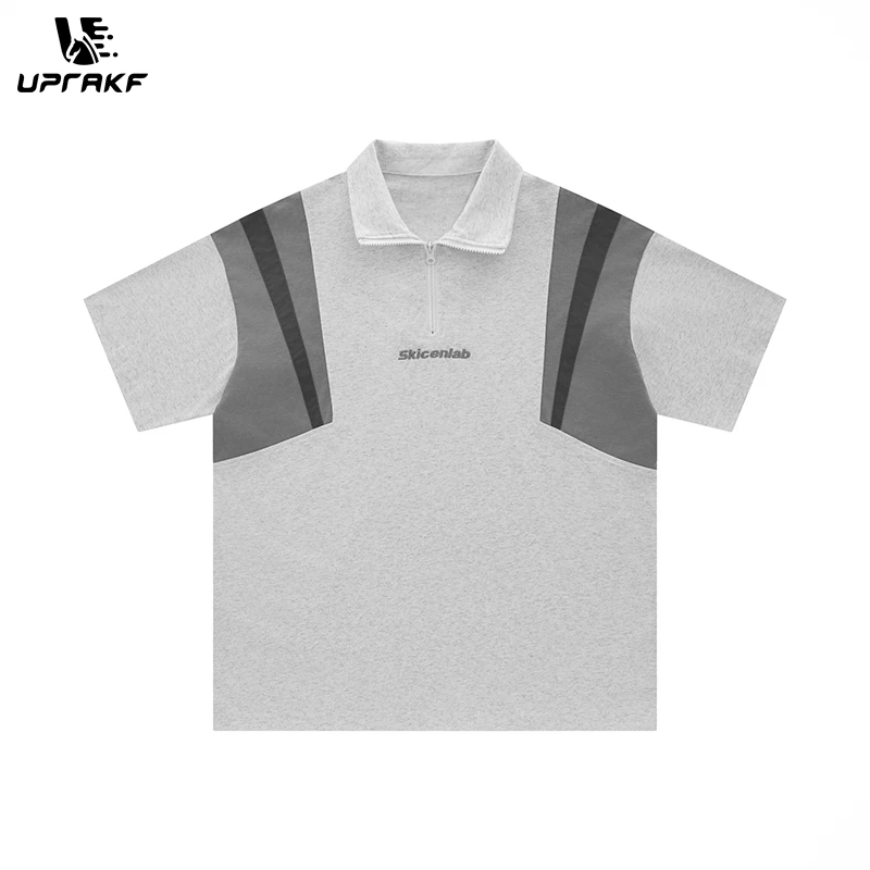 UPRAKF Polo Shirts Color Contrast Raglan Sleeve T Shirts Summer Casual Streetwear Zip Up Short Sleeve Cotton Sports Style