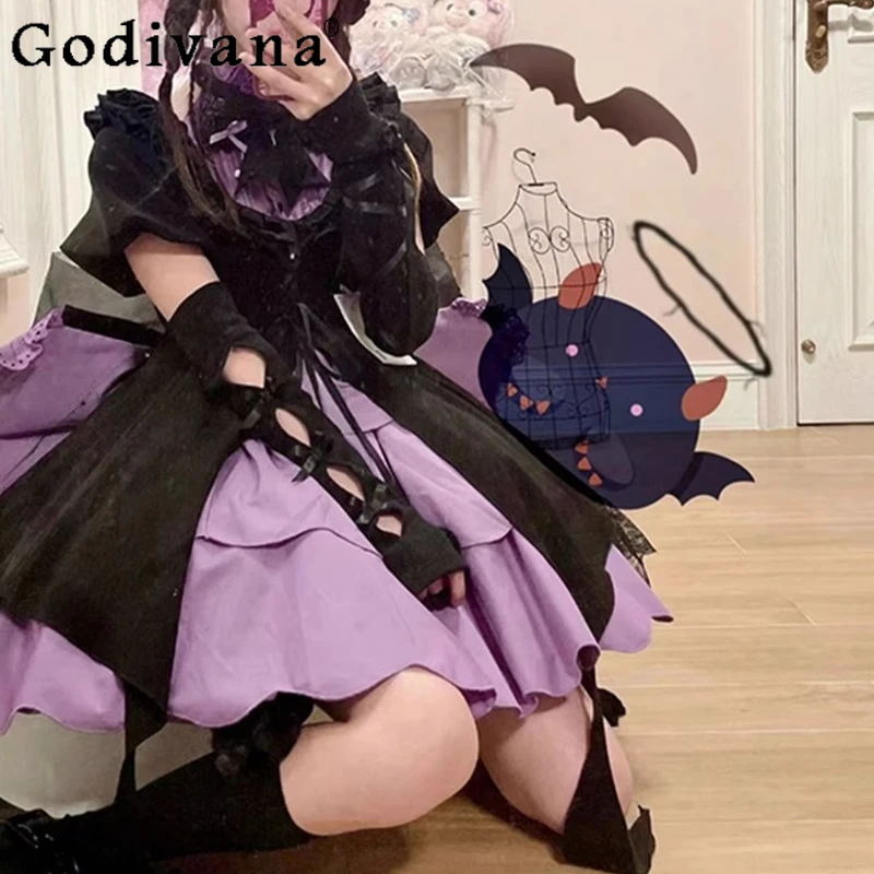 Girl New Year's Greeting Lolita Dress Black Cosplay Purple Fluffy Princess Dress Women's Short Sleeve Elegant Bow Dress