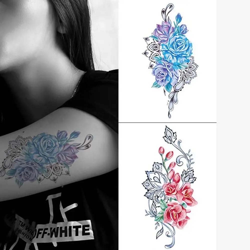 Different Styles Floral Arm Tattoo Sticker Colorful Rose Butterfly Arm Flower Sternum Tattoo Stick Temporary Sketch Flower