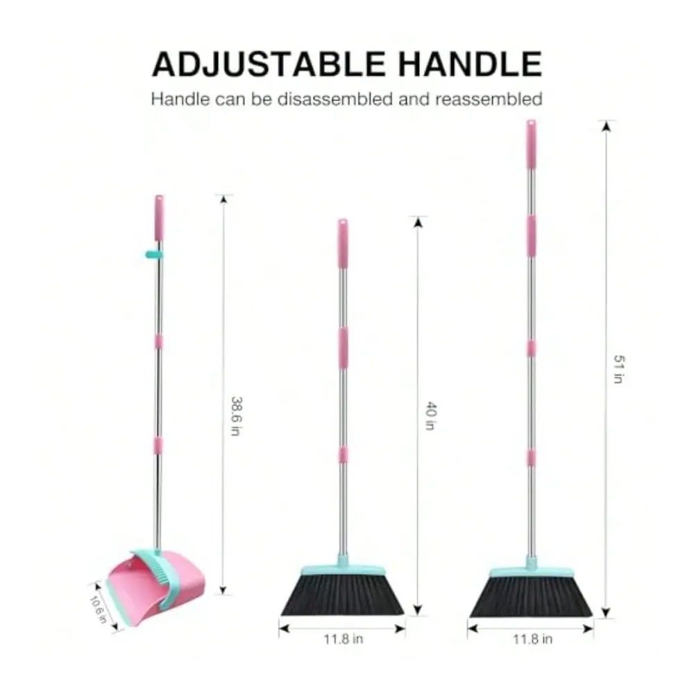 Broom And Dustpan Set 52-In Long Adjustable Handle Broom Dustpan Combo With Dust Pan Teeth To Automatically Clean Hair Suitable For Home Kitchen Office Hall Floor PinkandBlue 2 Pack