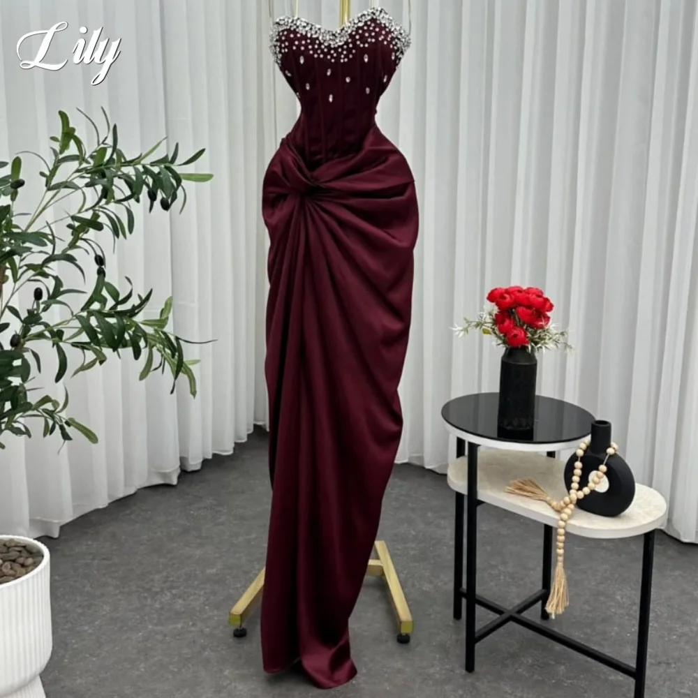 Lily Burgundy Evening Dresses with Crystals Trumpet Party Dress Satin Pleats Sweetheart Floor Length robe de soirée Customized
