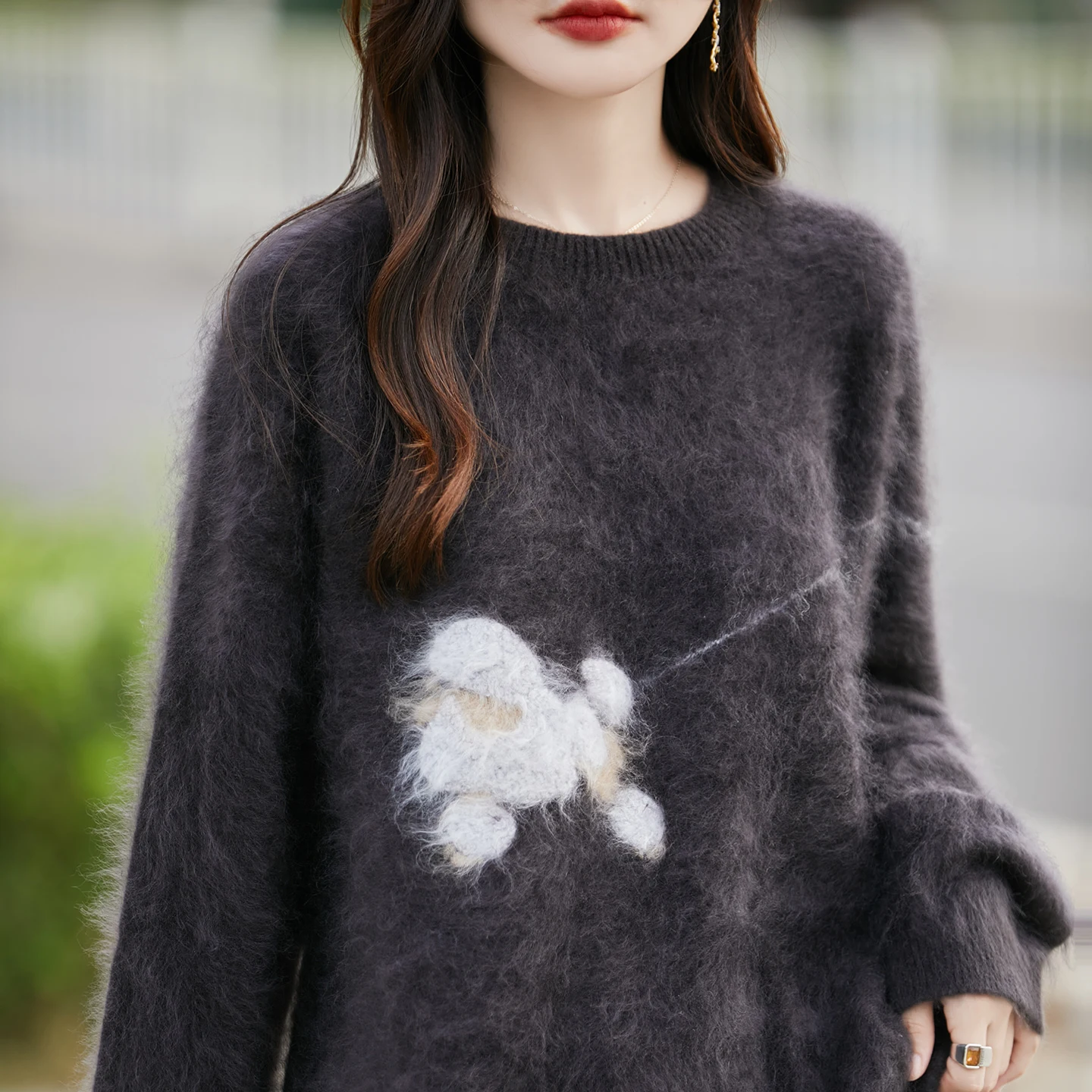 Sweter damski ze 100% czystej wełny na jesień i zimę, luźny, dzianinowy top z haftem złotej rybki i wzorem żakardowym, swobodne pulowery.