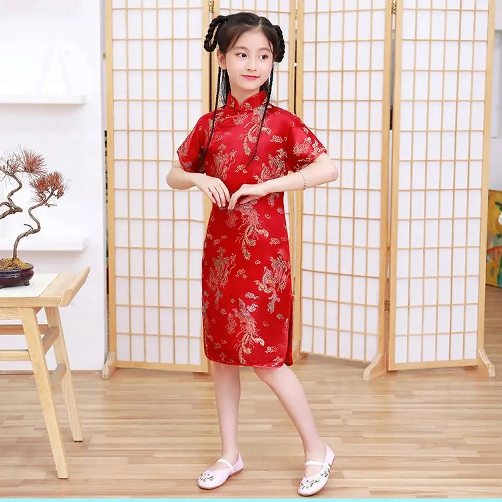 Dragon Phoenix Pattern Silk Comfortable Chinese Style Dress Girls Skirt Kids Traditional Dress Qipao Girls Cheongsam DIY