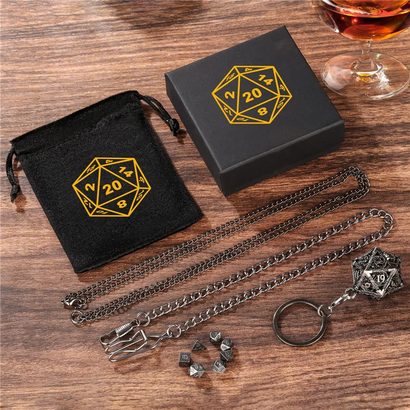 

Antique Metal Hollow D20 Cage Necklace Pendant Chain Key Ring 7pcs/set Mini Polyhedral Dice RPG Tabletop Board Gaming Accessory