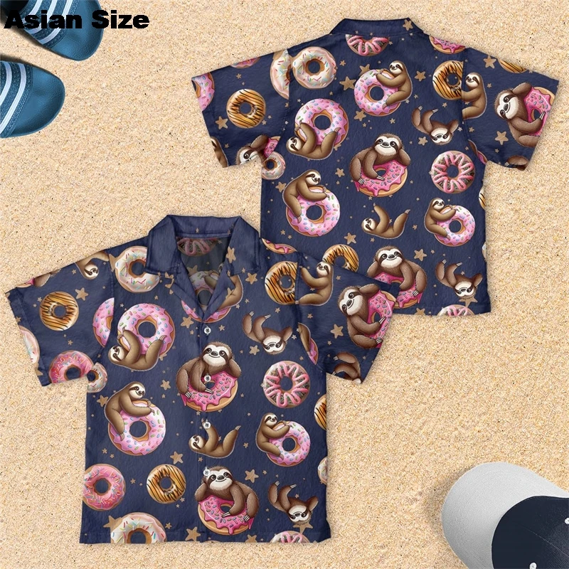 New 2025 Donut Graphic Beach Shirt Casual Food Beach Shirt Cartoon Snack Long Sleeve Blouses Doughnut Lapel Blouse Dessert Tops