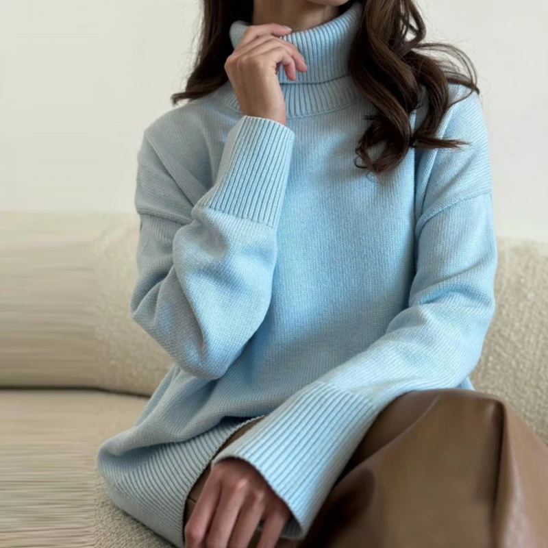 FADDISH 2024 Autumn Winter Women Fashion Loose Turtleneck Knitted Sweaters Female Solid Color Casual Long Sleeve Top Pullovers