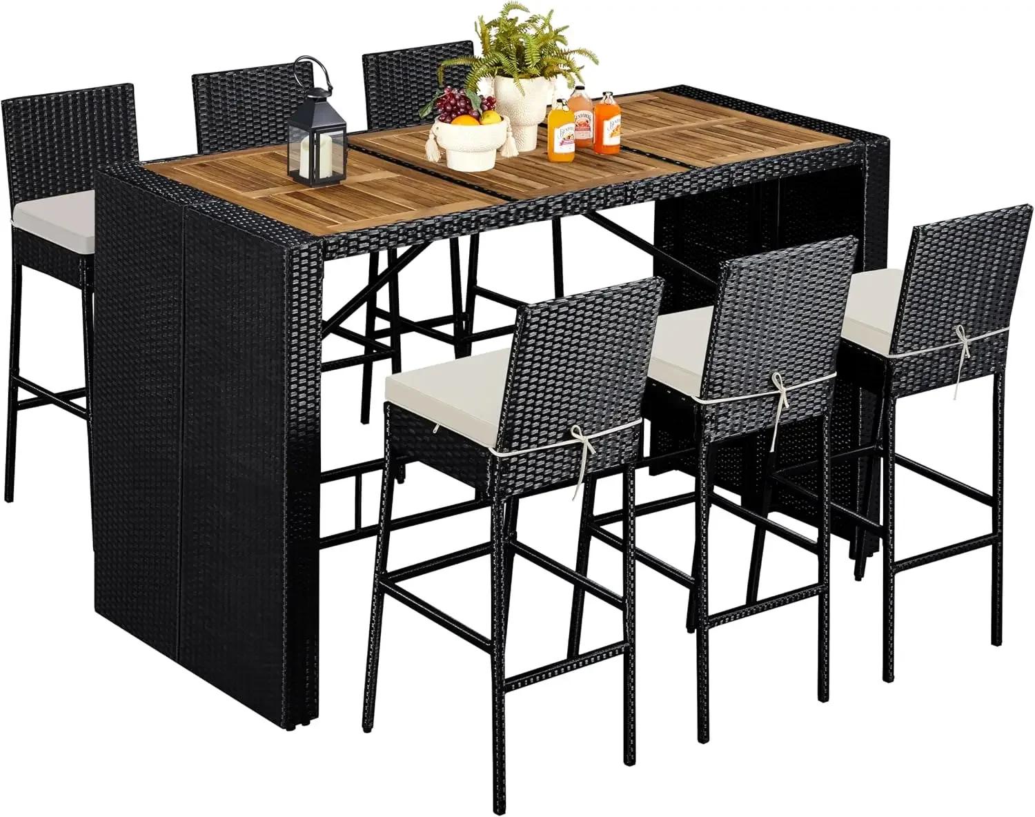 

Yaheetech 7 Piece Patio Dining Set Outdoor Acacia Wood Bar Table and Chairs with Removable Cushions, Wicker Furniture Set for De