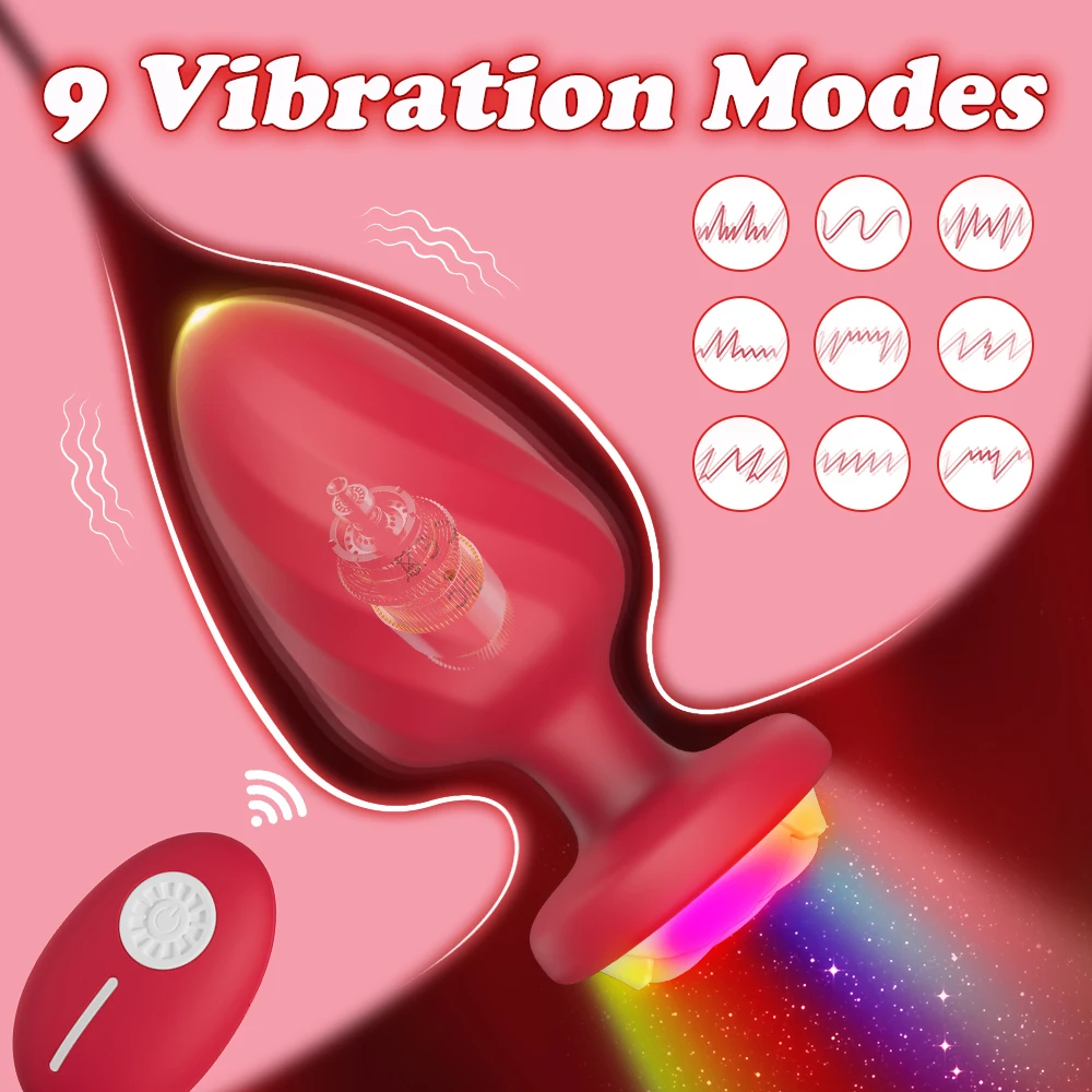 Rose Light LED Buttplug Wireless Remote Anal Vibrator Butt Plug Prostate Massager Masturbator LED Sex Toys for Men Women Sextoy