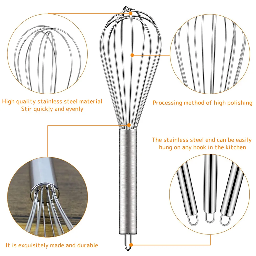 3Pcs Stainless Steel Whisk Set 6 Wire Whisks 8/10/12 Inch Kitchen Balloon Whisks with Stainless Grip Manual Egg Beater Blender