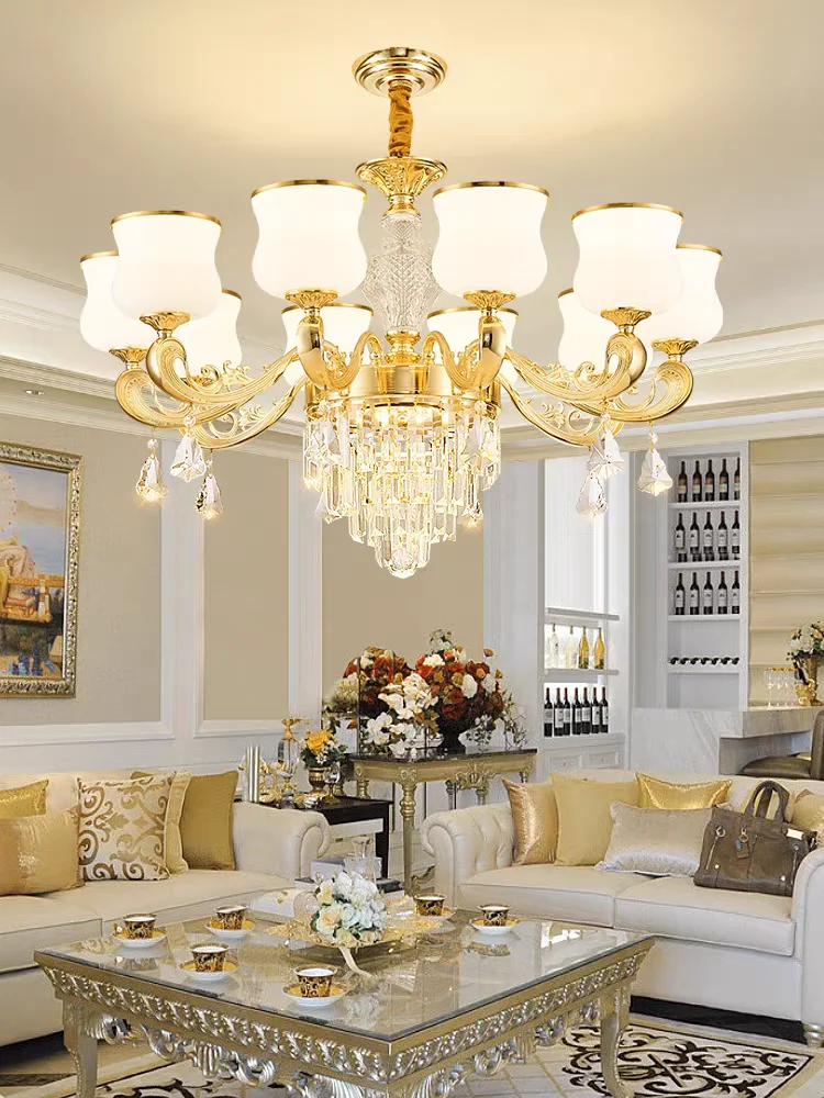 

European Style Living Room Crystal Pendant Lamp New Design Luxury Simple HomeHall Dining Room Bedroom White Lampshade Chandelier