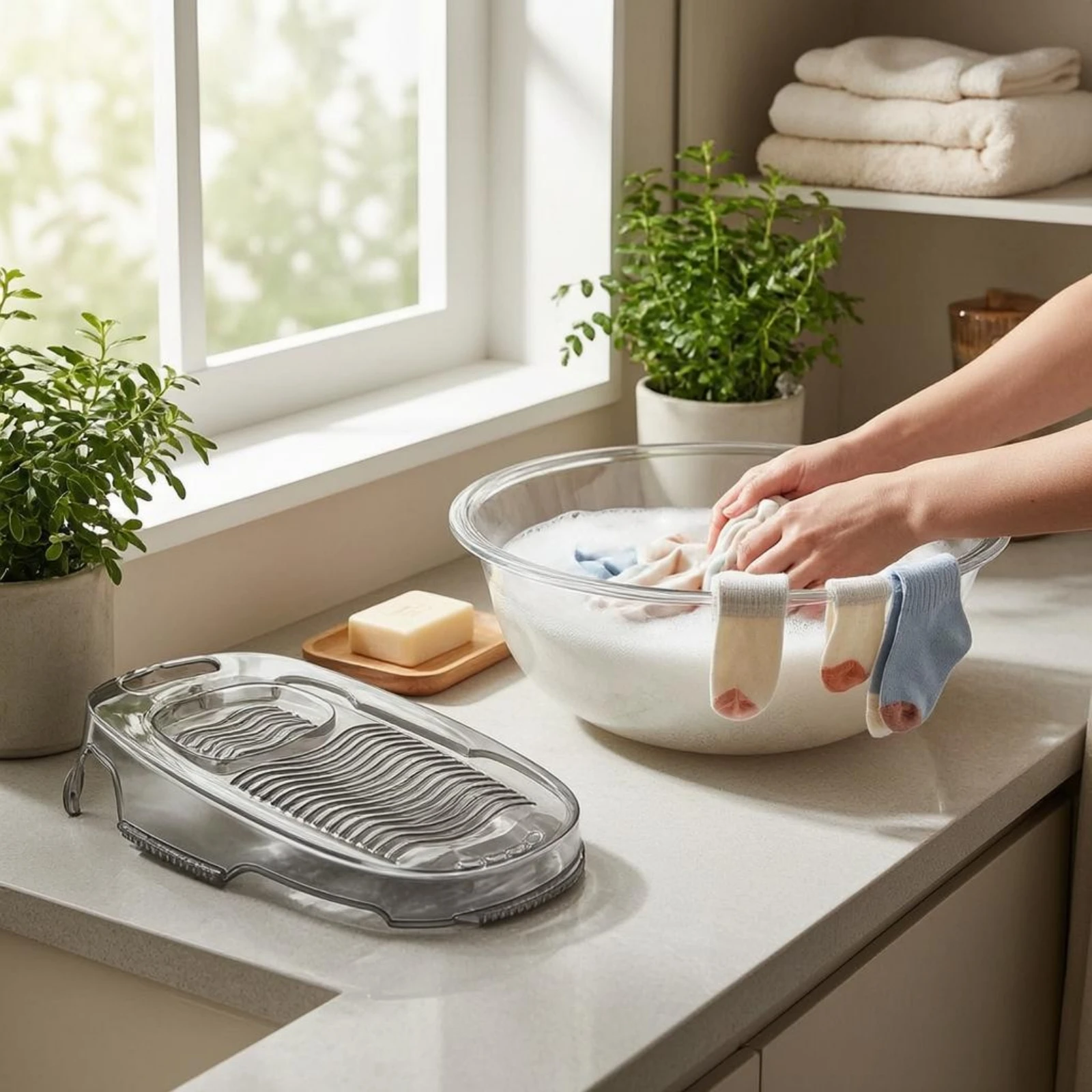 

Wash Basin with Washboard Translucent Oval Wash Basin Cleaning Container Thickened Handle Openings
