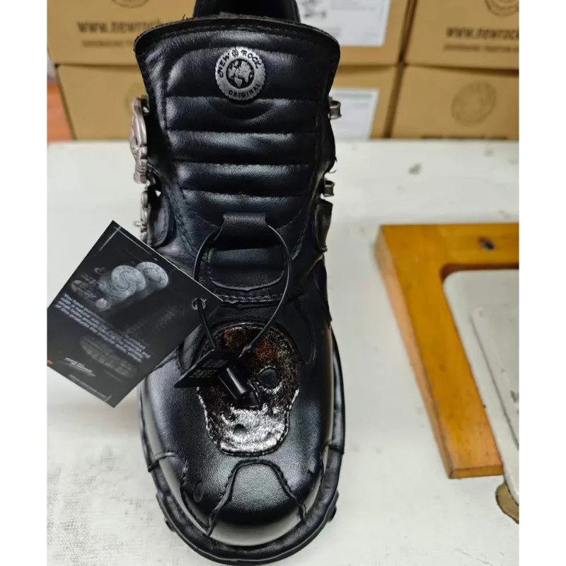 Fashion New Men Genuine Leather Motorcycle Boots Skull Skeleton Goth Punk Metal Rock Boots Women Thick Heel Ankle Western Shoes