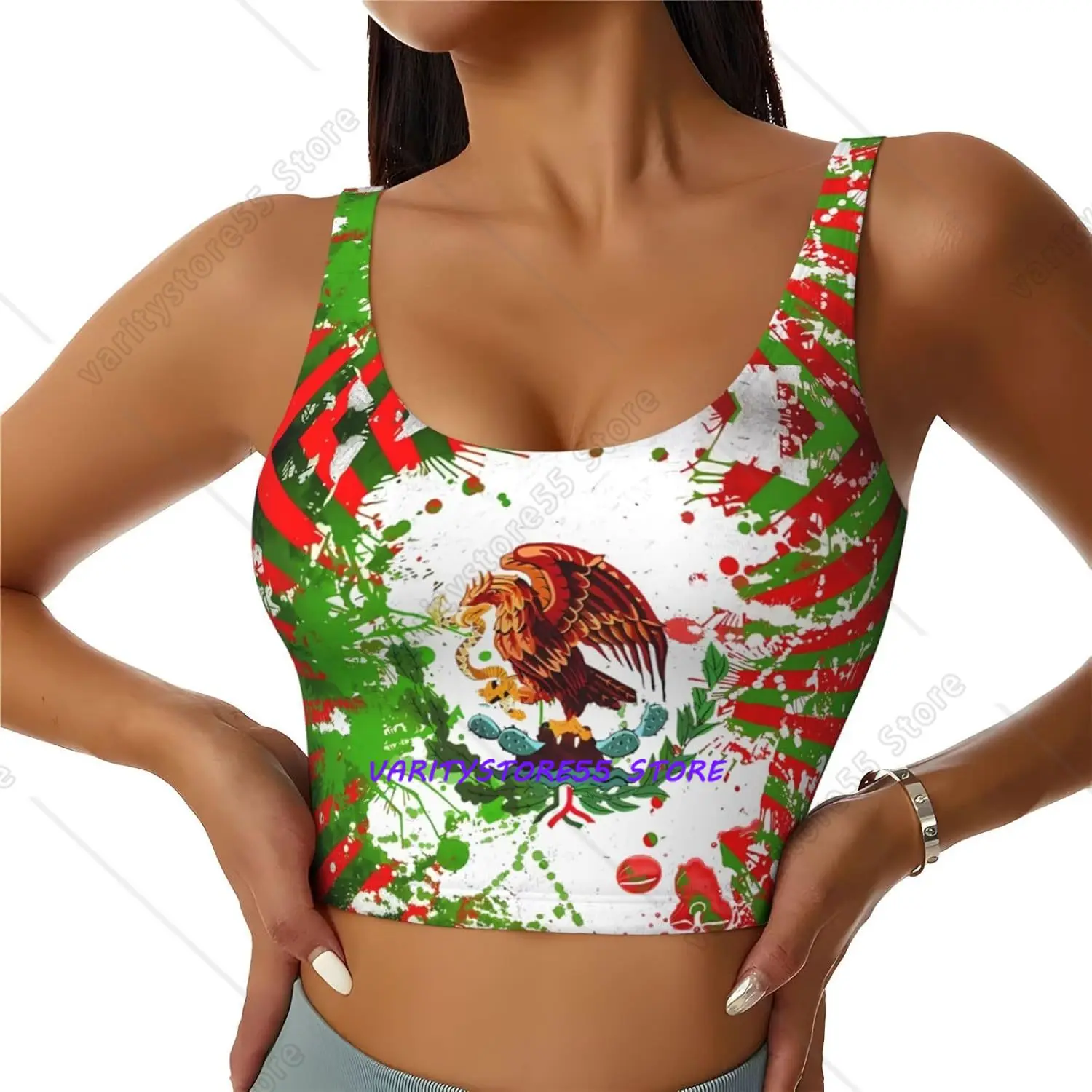 Mexican Flag Women's Sports Bras Yoga Crop Gym Tank Tops U Back Exercise Workout Top Removable Pads Fitness Sleeveless Shirt