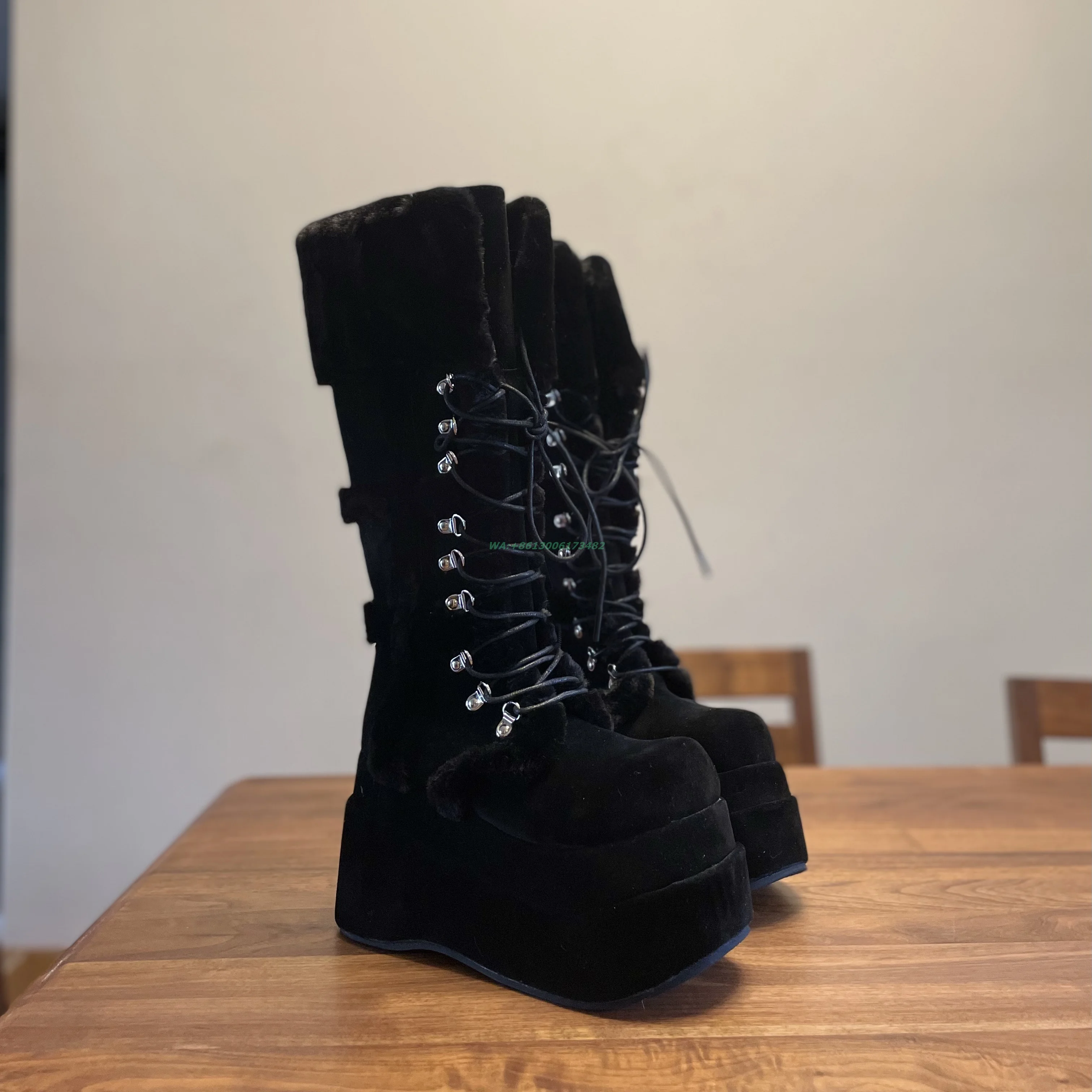 design women high platform thick sole lace up side zipper fur snow boots plus size handmade knee high platform lace up fur boots