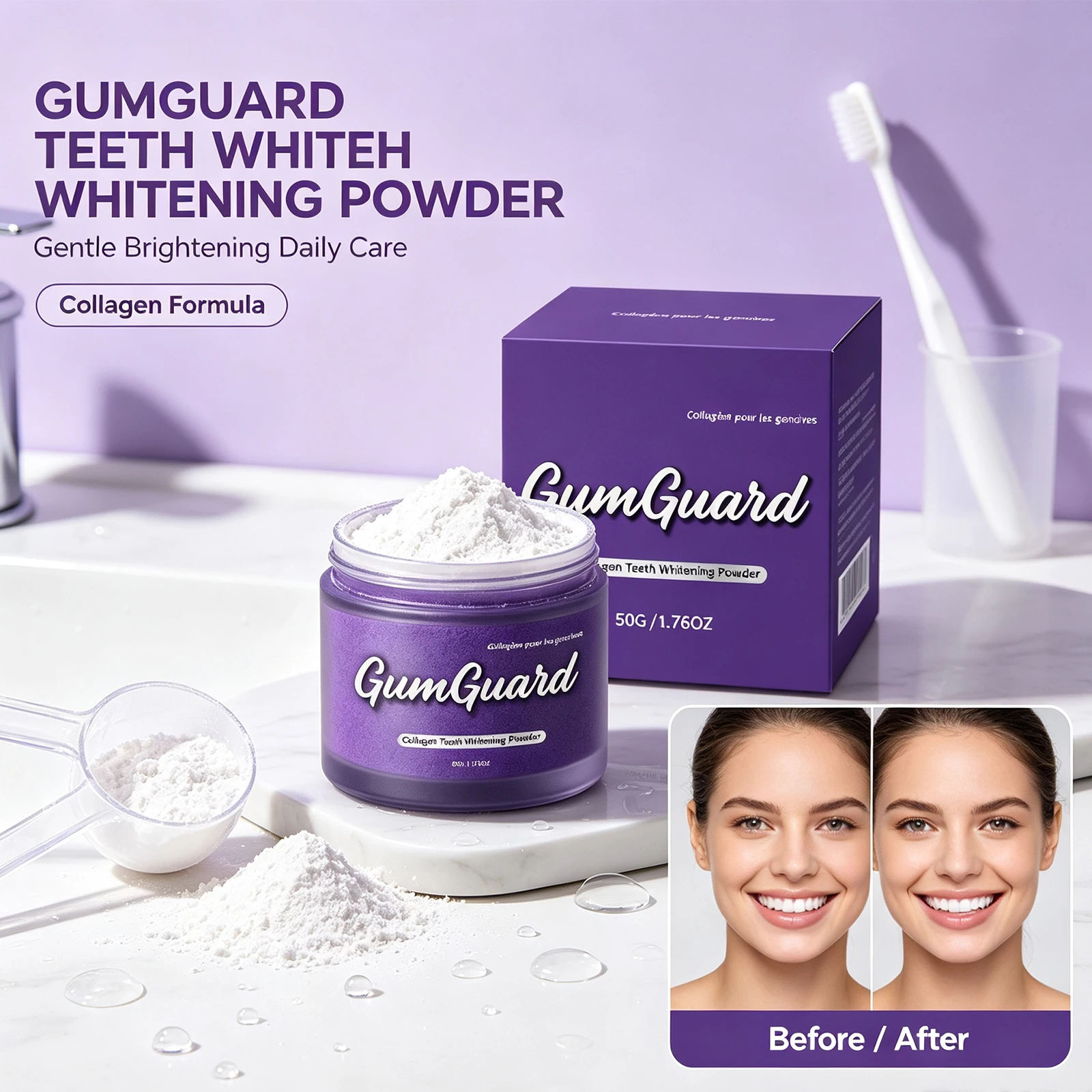 Collagen Dental Care Powder Mild Fine Texture Teeth Stain Remover Bright Gloss Fresh Breath Gentle Gum Daily Oral Cleansing Care