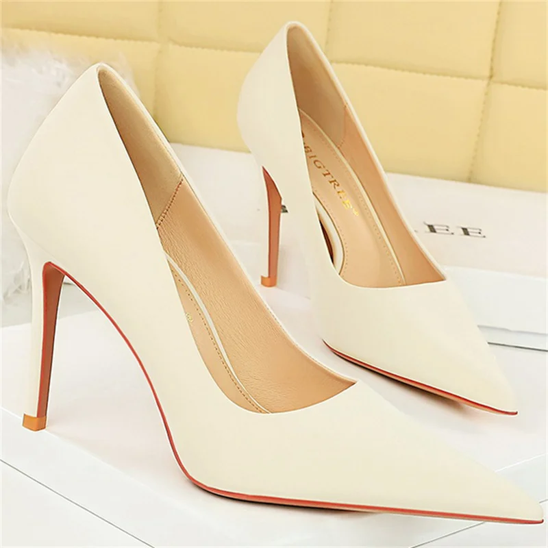 2024 Women\'s Pumps PU Leather Beige Black Green Apricot Pointed Toe 10cm Thin High Heels Party Fashion Lady Shoes Big Size 34-43