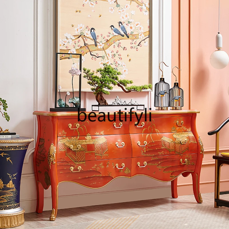 

Entry solid wood French retro Chinese style gold-painted entrance foyer dining side decorative cabinet