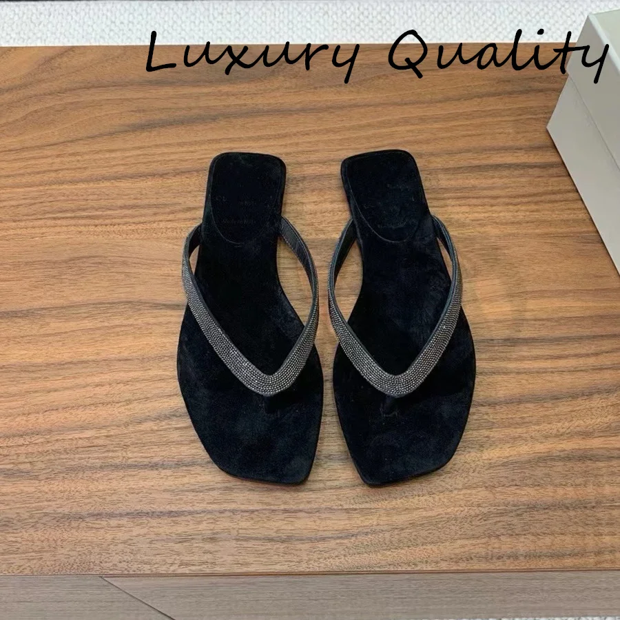 2024 Leather Flat Slippers Women Round Open Toe Pinch toe Luxury Casual Shoe Cow Suede Slippers Square head Summer