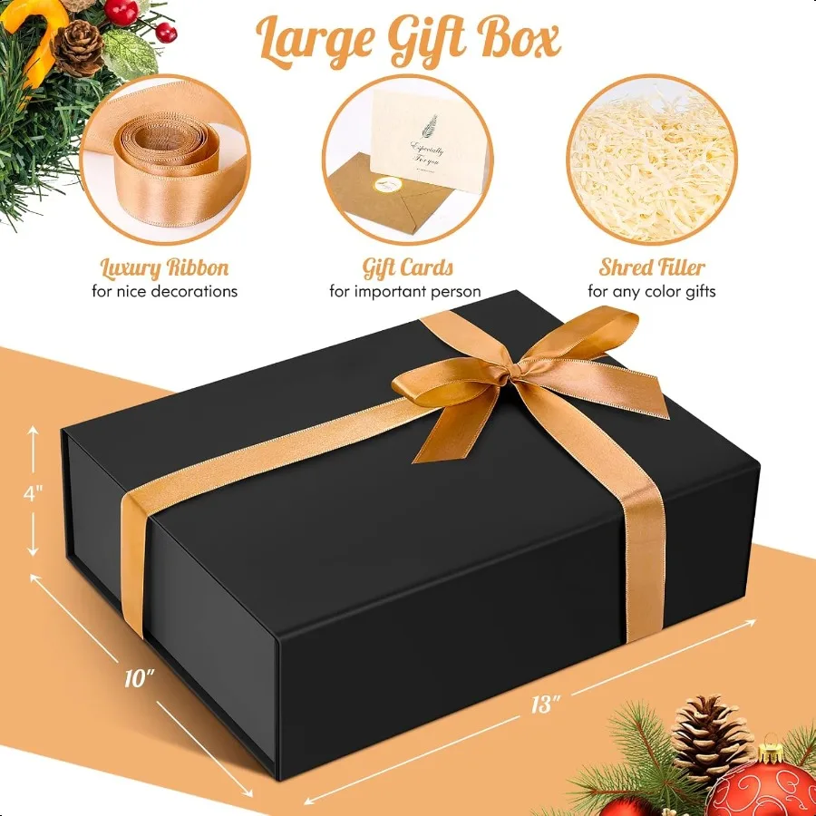 Geschenkbox 13 x 10 x 4 Zoll, große schwarze Geschenkbox mit Magnetdeckel für Geburtstagsgeschenke, enthält Kartenband, geschredderter Papierfüller