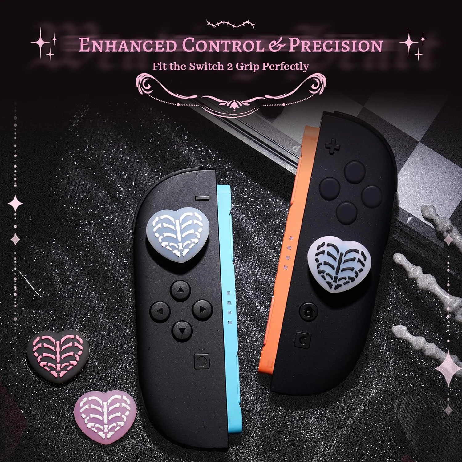 GeekShare Skeleton Heart Thumb Grips Compatible with Switch 2, 4PCS Anti-Slip Silicone Joystick Caps with Gothic Lace Design