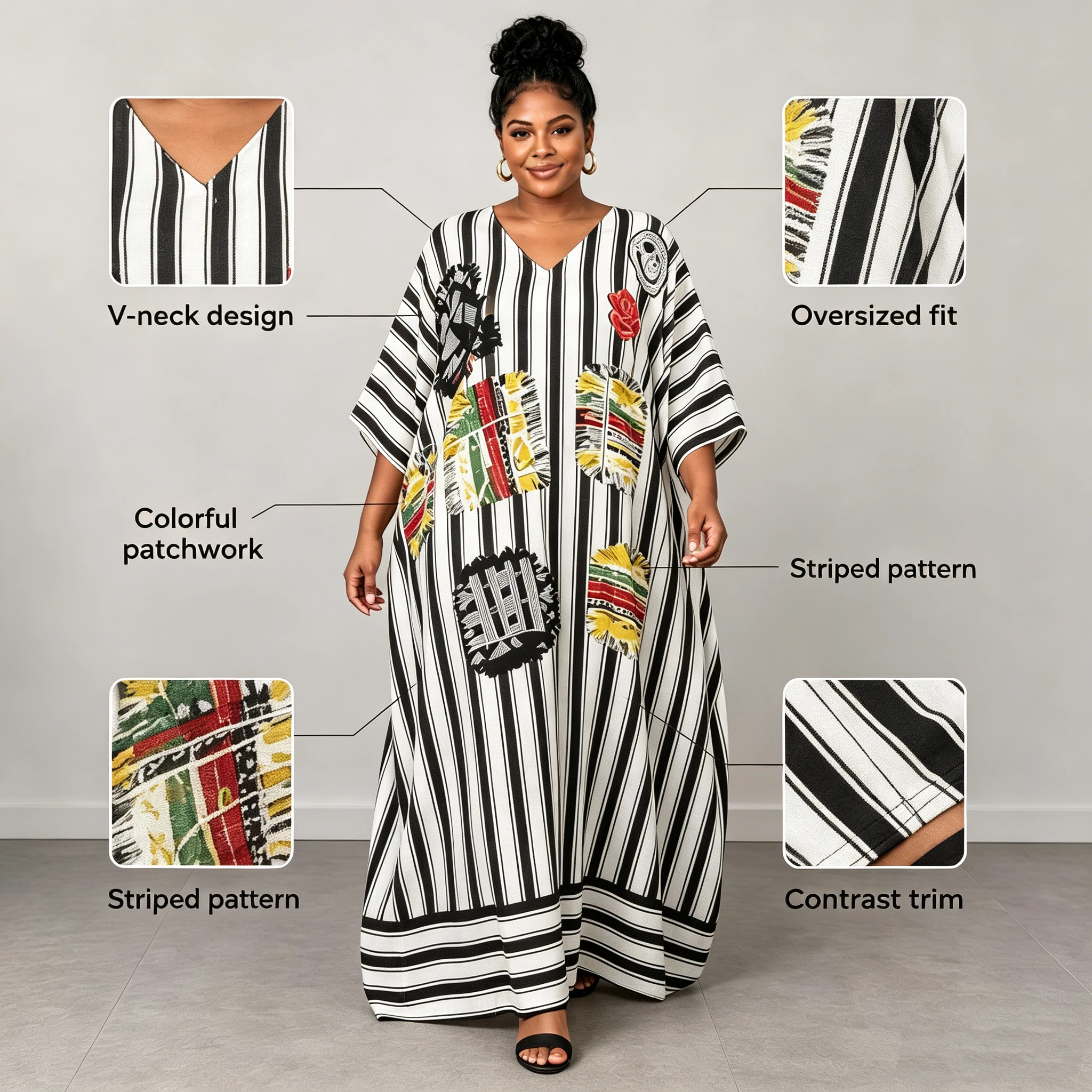 Ethnic-Style Oversized V-Neck Long Dress Robe Irregular Pattern Printed Striped Loose Fit Casual Maxi Gown for Women