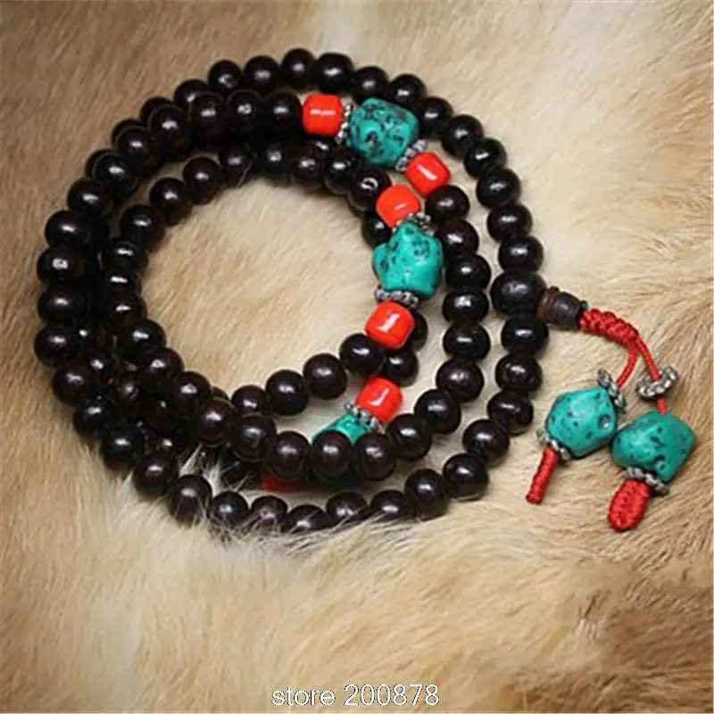 

Natural Ebony 8mm Bracelets 108 Black Sandalwood Prayer Beads Mala Necklace With Turquoise BRO876