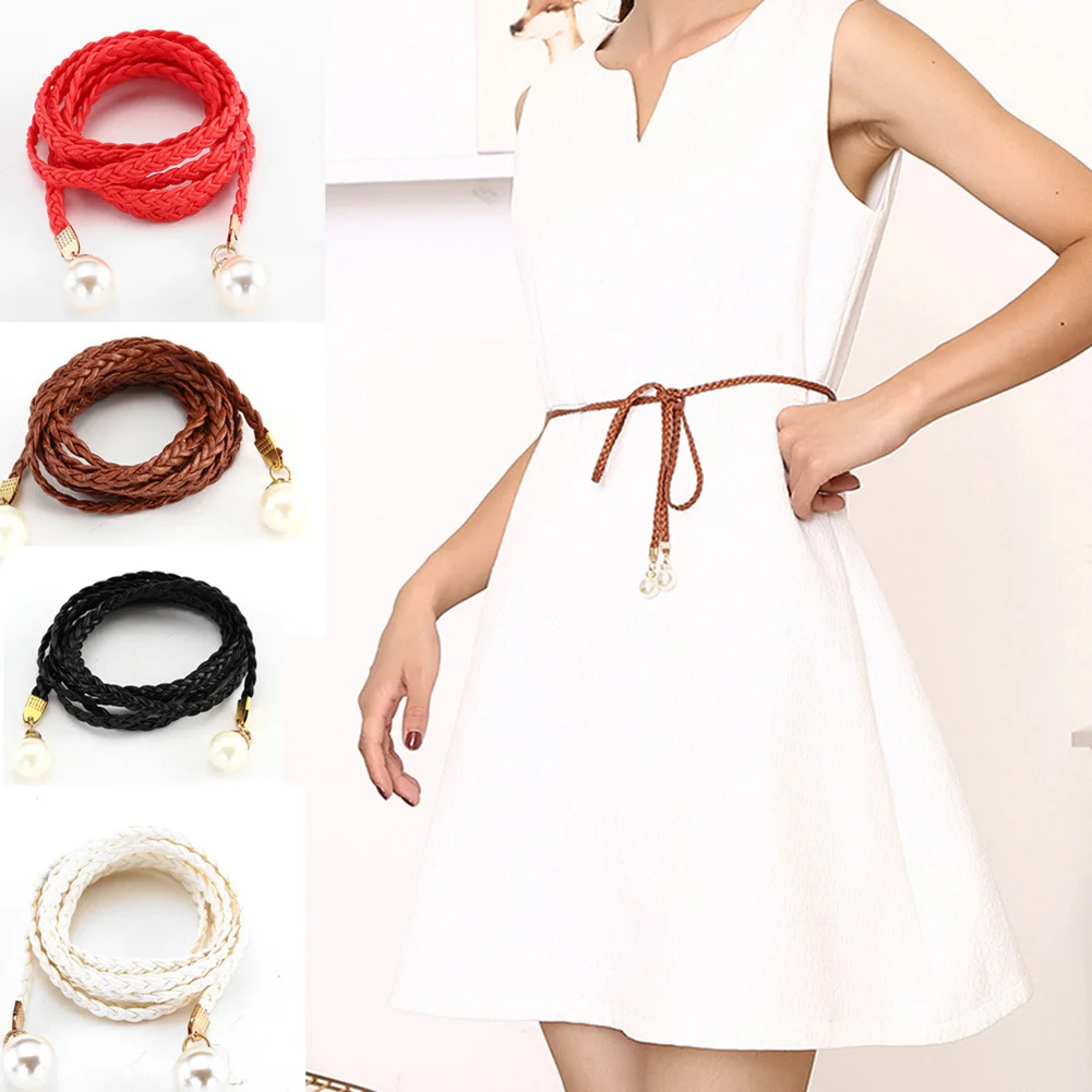 Women Hemp Rope Braided Waist Chain Big Pearl Dress Belt Candy Color Versatile Waist Belt Fashion Clothes Decoration Waistband