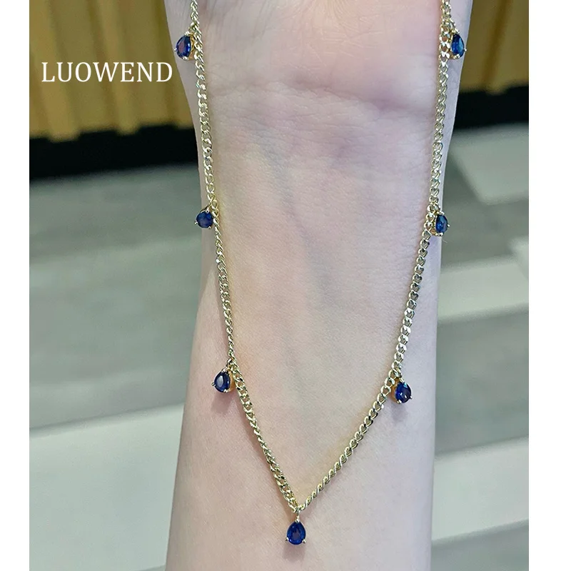 

LUOWEND 100% 18K Yellow Gold Necklace Romantic Elegant Style Natural Sapphire Gemstone Necklace for Women High Anniversary Gift
