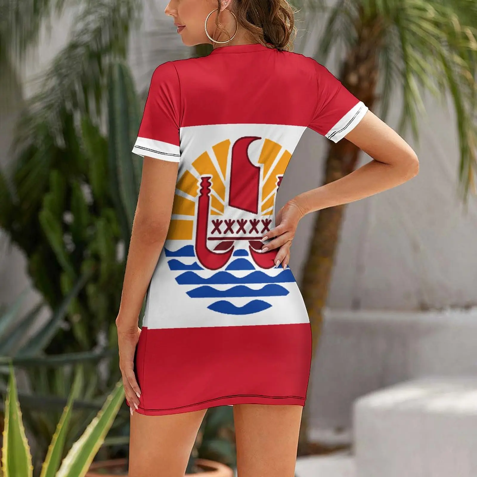 Flag of French Polynesia Short Sleeved Dress Creative Sexy  Woman's Gown Funny Cocktails Suspender Dress