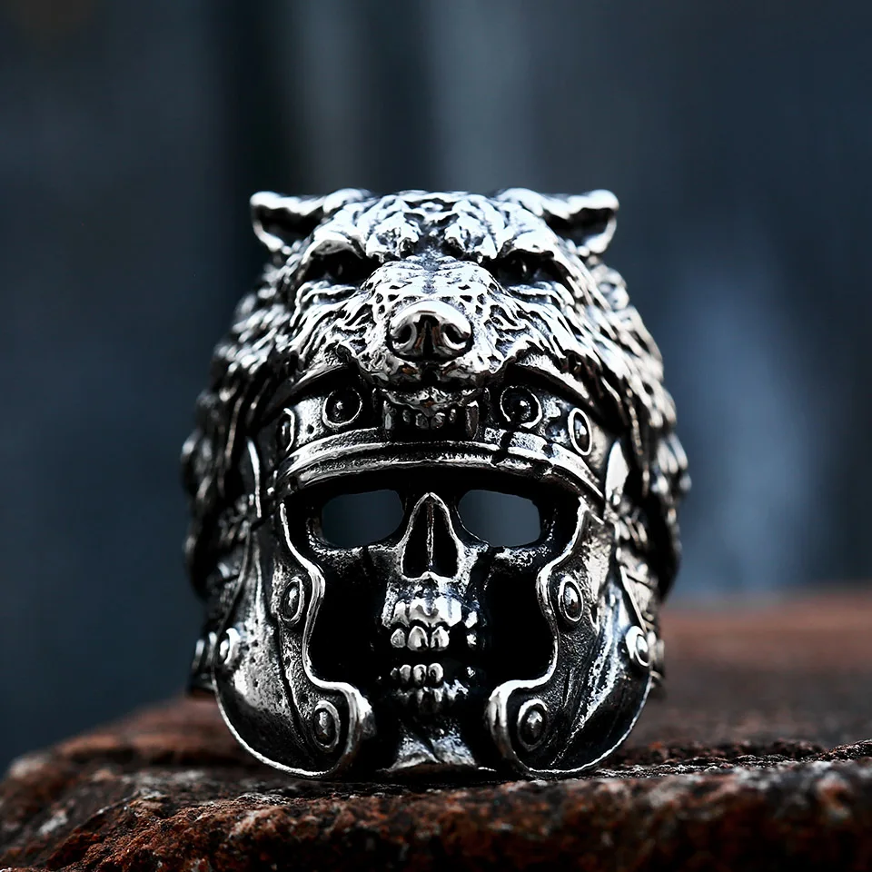 BEIER Vintage Indian Jaguar Warrior Skull Ring For Man Stainless Steel Unique Skull anel Punk Rock Jewelry BR8-695