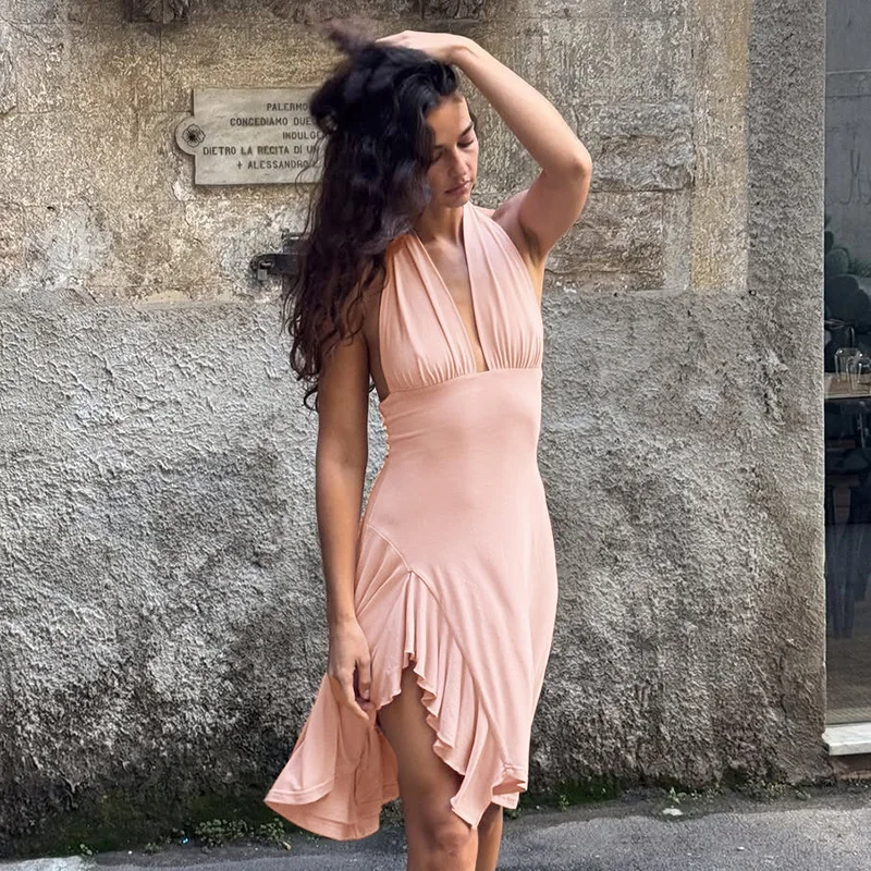 Abito longuette da donna con scollo all'americana senza schienale solido Abito longuette sexy con scollo a V profondo senza maniche con volant Diviso Party Clubwear Abiti da spiaggia per le vacanze di moda