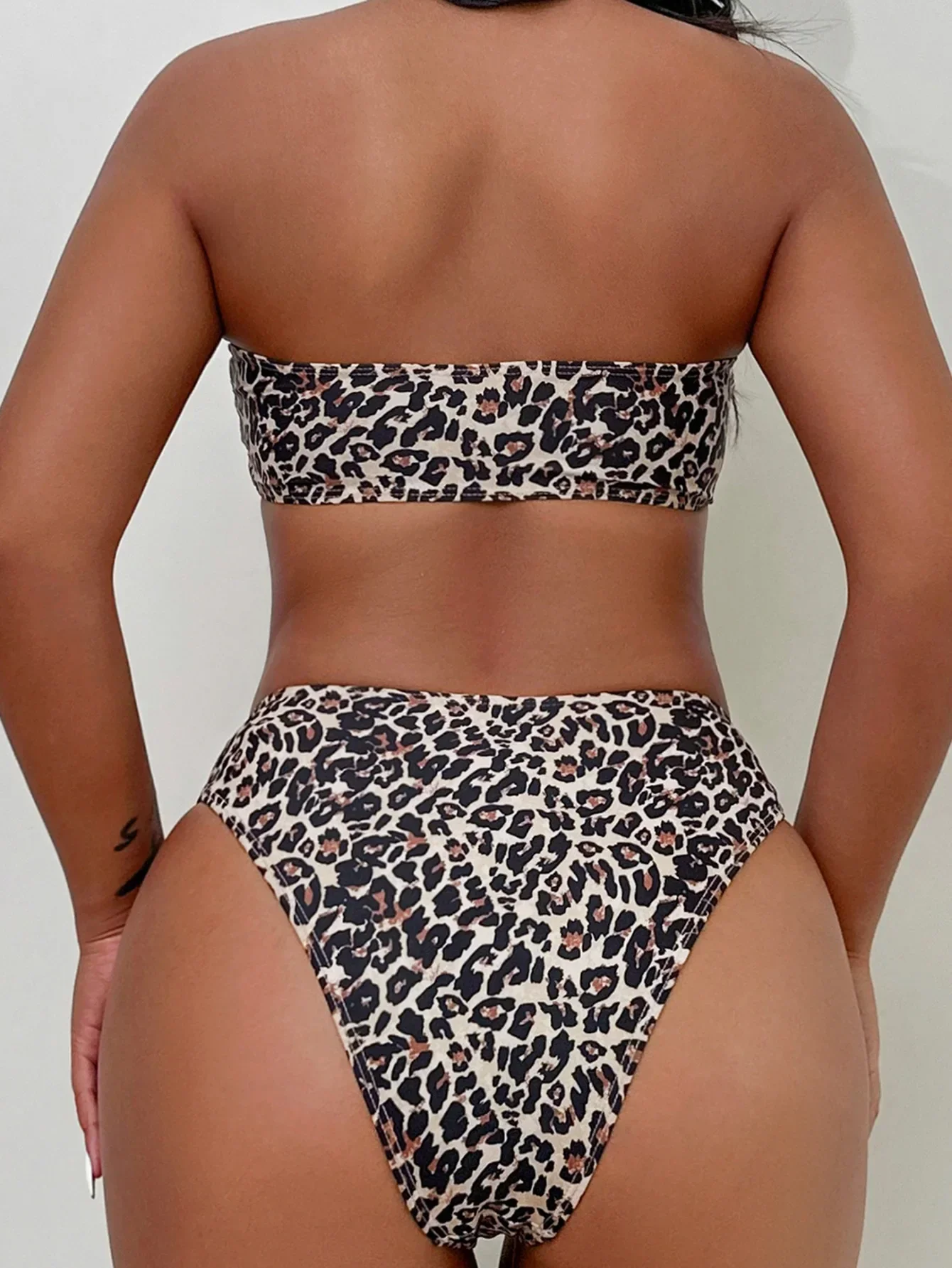 Sexy Leopard Print Two Piece Swimsuit for Women Strapless Backless Bikini Set High Waist Beach Vacation Bathing Suit Swimwear